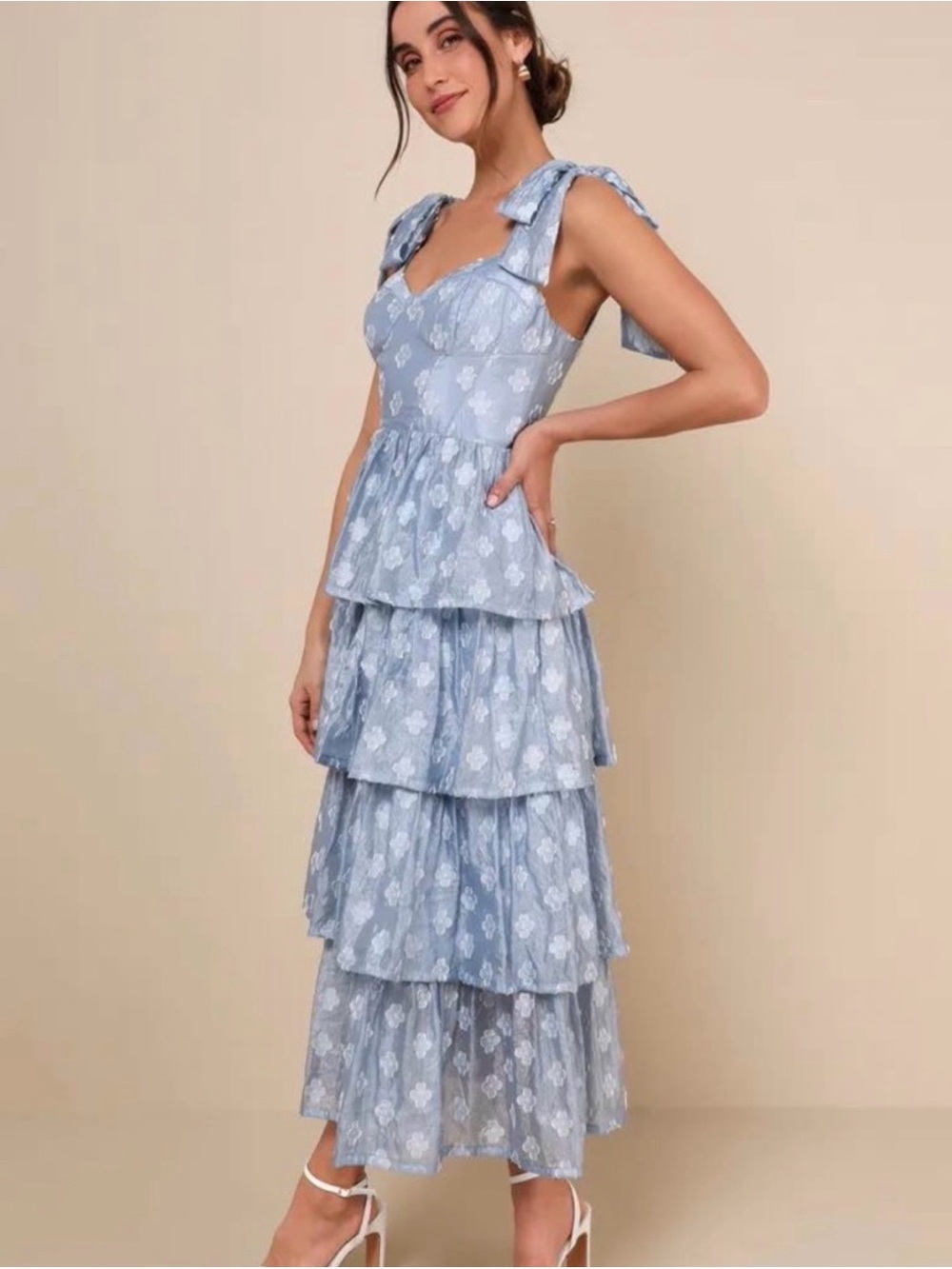 Lulu's Light Blue Floral Tiered Tie-Shoulder Maxi Dress